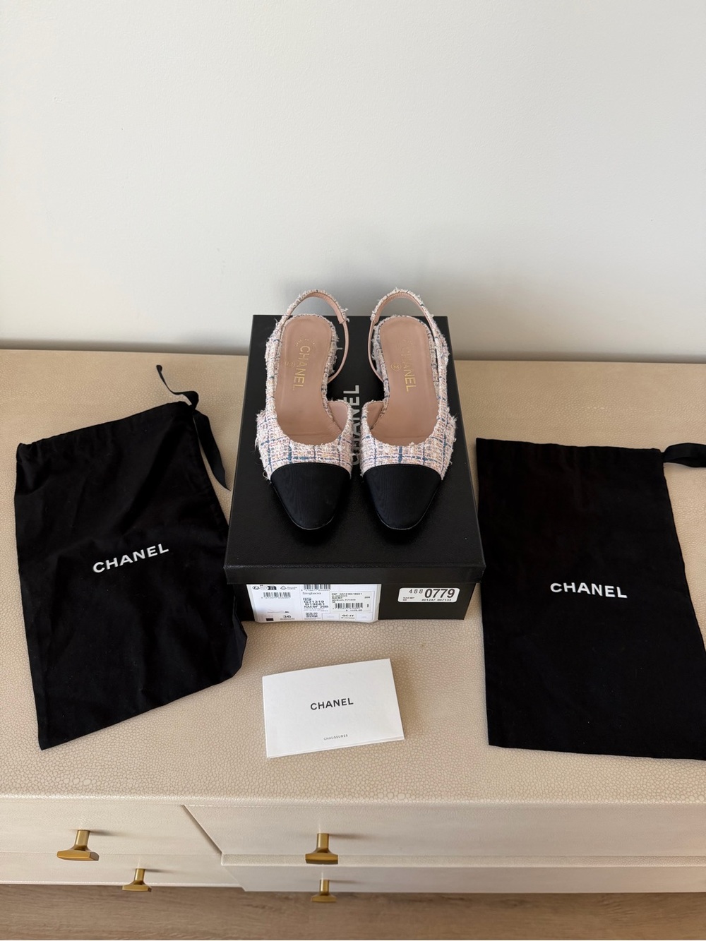 CHANEL Pink Tweed Slingback Mules with Black Cap Toe